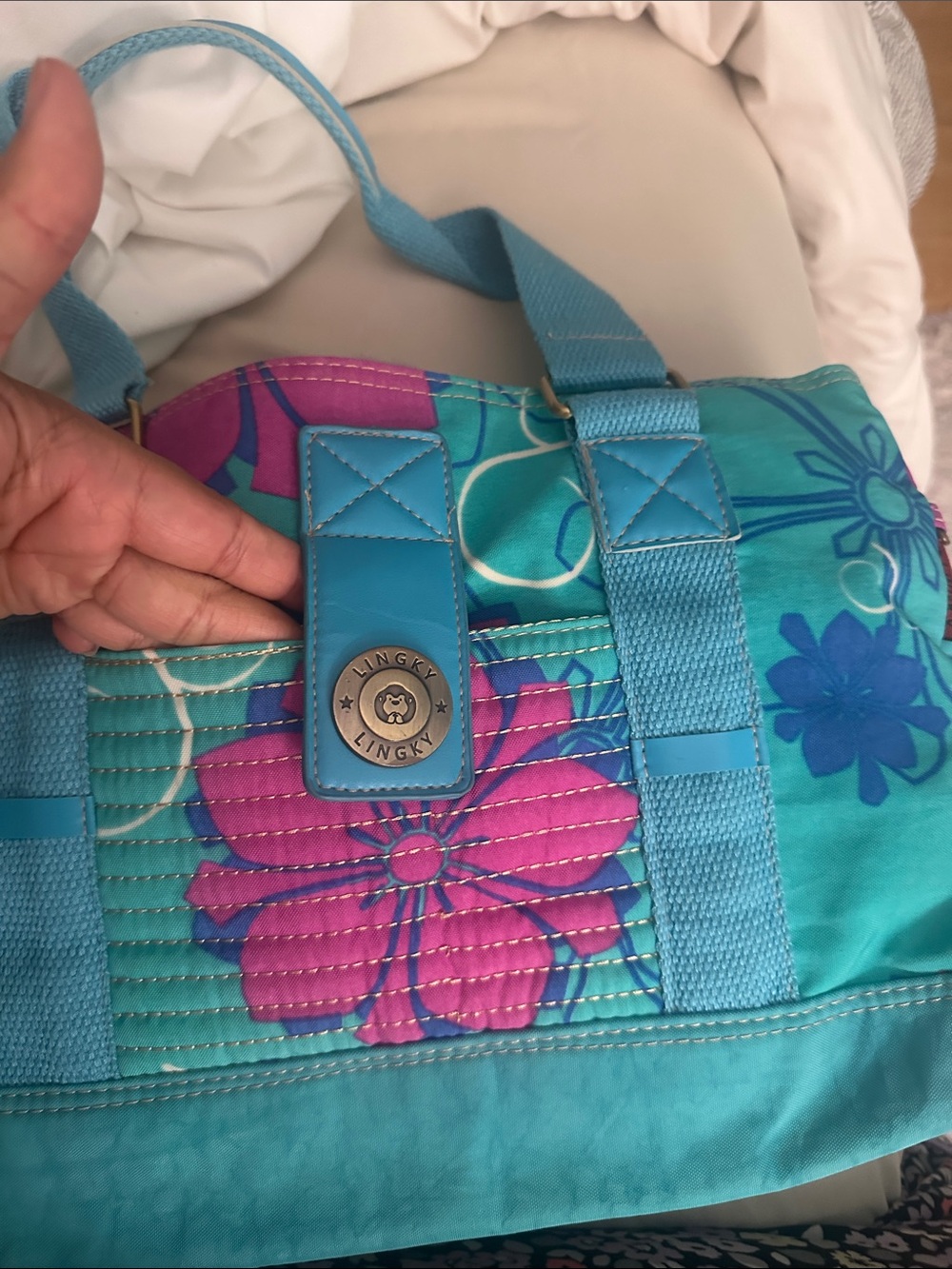 Turquoise Floral Tote with Pink Accents by - Picture 4 of 5